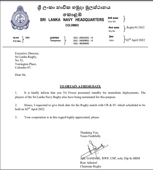 ඔළුව වටෙන් නහය ඇල්ලීම හෙවත් නාවික හමුදාවේ ක්ෂණික තරග කල් දැමීමේ ඉල්ලීම