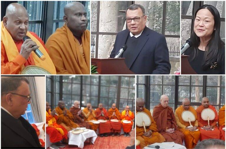 ඇමෙරිකාවේ කැලිෆෝනියා ලැව්ගිණි වලින් පීඩාවට පත්වූවන්ට සෙත්පතා වොෂින්ටන් තානාපති පරිශ්‍රයේ සෙත් පැතීමේ ආගමික වතාවත්.