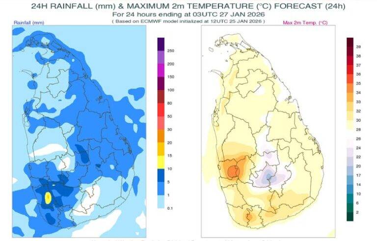 ඇතැම් ප්‍රදේශවලට මිමී 50ක පමණ තරමක් තද වැසි – අද (26) කාලගුණය
